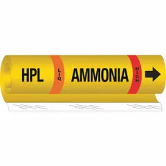 Ammonia wrap-around pipe marker for liquid high-pressure systems. Fits pipe outer diameters from 2-1/2 to 7-7/8 inches. Includes directional arrows. IIAR system abbreviation HPL. Used for identifying ammonia piping in industrial refrigeration.