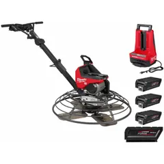 Battery-powered concrete trowel with 14-inch length and 8-inch width. Features an electric engine and aluminum blades. Includes four batteries. Used for finishing concrete edges on slabs, driveways, and curbs.