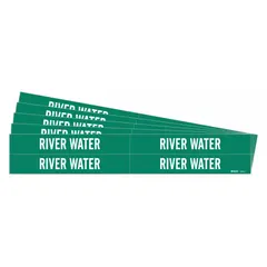 These adhesive pipe markers identify pipes carrying river water in industrial facilities. Each marker features a green background with white legend text and fits pipe outer diameters from 3/4 to 2-3/8 inches. The pack contains 4 markers without arrows, supplied in a 5-pack configuration.