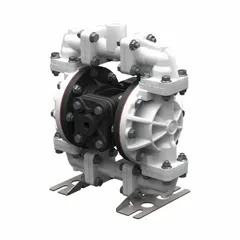Air-operated double diaphragm pump with polypropylene housing. Features 1/2 in NPT connections, PP seat, and Buna-N check valves. Flow rate 14.3 gpm. Suitable for fluid transfer in industrial applications.