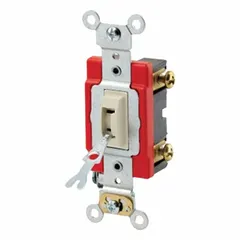 Single-pole maintained toggle switch rated 20 A at 120/277V AC. Non-illuminated ivory finish. Suitable for flush wall-mounting to control lighting or other loads from one location in commercial and industrial buildings.