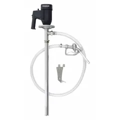 This centrifugal electric drum pump is designed for transferring non-corrosive fluids from drums or containers. It features a 1 1/10 hp motor operating on 230 V AC, delivering a flow rate of 22 gpm. The aluminum suction tube and included hose with nozzle facilitate easy setup and use in industrial fluid handling applications.