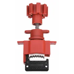This BRADY lockout valve base is a component for securing valves during maintenance. It accommodates valve handles up to 1 inch wide and is constructed from fiberglass-reinforced nylon. Suitable for use in universal valve lockout systems.