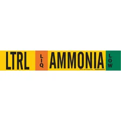 Ammonia fiberglass carrier mounted with strapping pipe marker for LIQ phase, Low pressure level. Fits pipe O.D. 8 in and larger. Includes arrows. IIAR System Abbreviation LTRL. Used for identifying ammonia piping in industrial refrigeration systems.