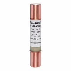 R-rated cylindrical fuse for medium-voltage overcurrent protection. Rated 2.75 kV AC and 2 A, with indicating function for visual blown-fuse detection. Suitable for general-purpose use in industrial equipment such as motor starters and transformers.
