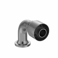 Steel 90° elbow crimp fitting for connecting -20 dash size hydraulic hose to a flange port. Features a male x genderless connection with 0.511"-27 thread. Used in hydraulic systems where space constraints require a 90° turn for fluid power transmission