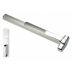 This VON DUPRIN exit device features a concealed vertical rod mechanism and a Touchbar style for push-pad operation. Constructed of aluminum, it includes a Night Latch outside trim and is ADA compliant. Suitable for commercial doors up to 4 ft wide, it is used in applications requiring secure egress with concealed hardware.
