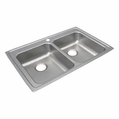 Two-bowl counter-mounted sink for kitchen or bar installations requiring a drop-in fit. Overall dimensions: 33 in length, 21 1/4 in width, 4 in bowl depth. Silver/Gray color family. Faucet not included.