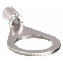 Non-insulated ring terminal for #4 stud size, accepting 16 AWG to 14 AWG wire. Rated 600 V with brazed barrel and seam construction. Suitable for terminating wires in control panels, machinery, and power distribution systems where insulation is not required.