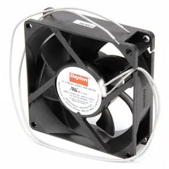 Standard square axial fan with polybutylene blade and polybutylene terephthalate housing. Delivers 28 cfm or 29 cfm airflow at 0.000 in static pressure. Features lead wires and IP20 rating. Suitable for cooling and ventilation in compact electronic enclosures, control panels, and small equipment.
