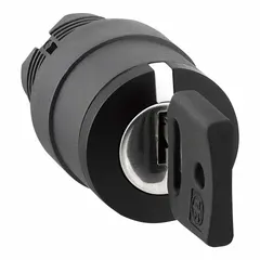 Panel-mounted key switch without contacts, part of the Series XB5. Features a 22 mm panel mounting size and 3-position maintained/maintained/maintained switch action with key removal in the right position. Used for control applications requiring key-operated access in industrial environments.