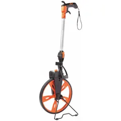 Hand-operated mechanical measuring wheel with a 9,999 ft range and SAE inch measurement. Features a spoked single wheel with rubber tread for traction on outdoor surfaces, a foldable aluminum frame, and a plastic pistol-grip handle. No batteries required. Suitable for measuring distances on lawns, paths, and similar terrain.