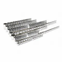 This 176-piece socket set includes 1/4 in, 3/8 in, and 1/2 in drive tools with SAE and Metric 12-point sockets ranging from 5/32 in to 1-1/2 in. Deep sockets feature a friction ball retention design. Suitable for fastening and loosening nuts and bolts in automotive repair, industrial maintenance, and mechanical assembly.