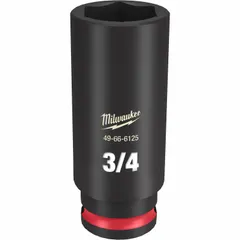 This 3/8" drive deep impact socket features a 3/4" SAE 6-point design for use with impact tools. The deep profile allows access to recessed fasteners, while the friction retention helps secure the socket on the drive. Suitable for fastening and loosening nuts and bolts in automotive and general maintenance tasks.