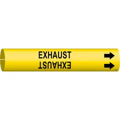 Yellow snap-on pipe marker with black legend reading 'Exhaust', designed for pipe outer diameters of 4 to 6 inches. Includes directional arrows to indicate flow direction. Used to identify exhaust lines in industrial piping systems for safety and compliance.