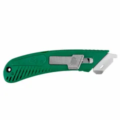 This automatic retracting utility knife features a plain-edge steel blunt tip blade and a quick-change mechanism. The blade retracts automatically when not in use, enhancing safety. The green plastic handle provides a secure grip. Typical applications include cutting cardboard, shrink wrap, tape, and other packaging materials in warehouses and distribution centers.