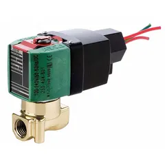 This 2-way, 2-position normally closed solenoid valve is designed for high-flow applications. It features a 1/4 in pipe size and operates on 100 to 240V AC/DC. The coil enclosure is supplied without a junction box. Typical uses include on/off control of water, air, and light oil in industrial fluid systems.