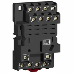 The SCHNEIDER RPZF4 is a 14-pin F-type relay socket rated for 16 A. It supports DIN-rail or surface mounting, providing a secure connection for relays in industrial control panels. Typical applications include motor control, automation systems, and power distribution.