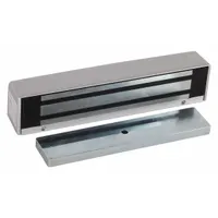 SECURITRON M680E series electromagnetic lock for single-door access control. Aluminum construction, dimensions 11 1/2 in Lg x 2 9/16 in Wd x 2 1/2 in Ht. Instantaneous release delay. Suitable for securing access points in commercial and industrial facilities