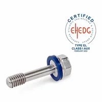 Partially threaded M8 hex head screw in Grade 316L stainless steel with a 10 mm minimum thread length. Includes an FDA-approved pre-mounted sealing washer. Used in food, beverage, and pharmaceutical processing equipment where hygiene and corrosion resistance are required