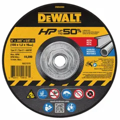 This DEWALT cut-off wheel is a Type 27 depressed center wheel designed for general-purpose cutting of carbon and stainless steel. It measures 6 inches in diameter with a 0.045-inch thickness and a 5/8"-11 arbor hole. Constructed from aluminum oxide with 60 grit, it is suitable for use in metal fabrication, maintenance, and repair applications.