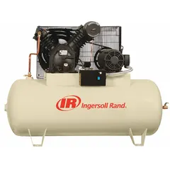 Horizontal, 2-stage, splash-lubricated stationary electric air compressor with a 120-gallon tank. Delivers 35 cfm at 175 psi, powered by 10 hp, 480V AC, three-phase, 60 Hz. Includes manual drain valve. Suitable for powering pneumatic tools, air cylinders, and spray equipment in industrial workshops and manufacturing facilities.