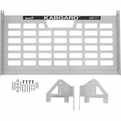Steel service body safety screen with gloss white finish. Overall height 27 in. Designed to shield the cab from shifting cargo or equipment in the truck bed during transport.