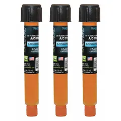 Set of three 0.5 oz A/C dye refill cartridges formulated for use with R-1234yf/PAG oils. Designed for leak detection in R-134a automotive air conditioning systems. Each cartridge helps technicians locate refrigerant leaks under UV light.