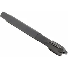 General purpose spiral-point tap for through-hole threading. Features M18x2.5 metric thread, 6H tolerance, plug chamfer, and black oxide cobalt finish. Designed for ferrous and non-ferrous materials, pushing chips forward to prevent clogging.