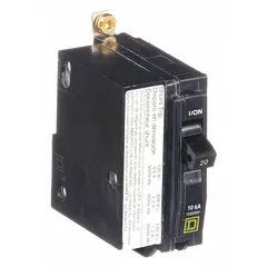 Bolt-on miniature circuit breaker rated 20 A, 120/240V AC, single-phase, 1-pole. Provides overcurrent protection with a maximum interrupting rating of 10kA at 120/240V AC. For use in Square D NQOD panelboards in commercial and industrial electrical distribution systems.