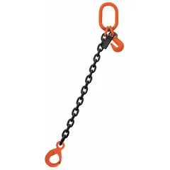 This single-leg chain sling is made from alloy steel with Grade-100 chain and a locking hook. It is adjustable in length for versatile lifting applications. Typical uses include overhead lifting and rigging in industrial settings where secure load handling is required.