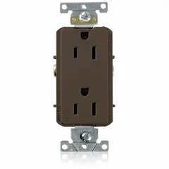 General purpose duplex receptacle with decorator style. Rated 125V AC, 15A, 5-15 configuration, 2 pole/3 wire. Brown color. Suitable for power distribution in residential, commercial, and industrial applications for lighting, appliances, and equipment.