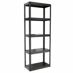 This extra-heavy-duty boltless shelving unit is constructed with steel and finished in black powder coating. It features an open side panel, angle beam profile, and solid steel decking. The maximum post load capacity is 6,000 lb with beams evenly spaced at 21 in. Suitable for industrial storage of heavy parts and equipment.