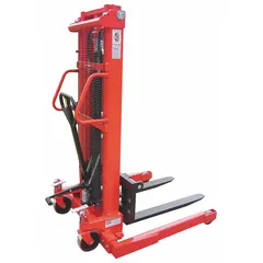 This straddle stacker features adjustable forks 36 inches long by 4 inches wide, with an overall width across forks ranging from 8 inches to 33-7/8 inches. Overall dimensions are 56 inches long, 54 inches wide, and 72 inches high. Typical applications include lifting and moving palletized loads in warehouses and light industrial facilities.