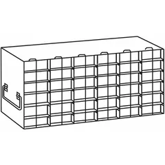 This stainless steel freezer rack is designed for organized cold storage in laboratory freezers. It includes locking rods to secure samples, vials, or boxes during handling. The rack measures 21 1/4 inches in overall length and 5 1/2 inches in overall width.