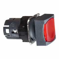 Momentary illuminated flush-mount push-button operator from the XB6 series. Red non-metallic actuator with 16 mm mounting hole. Suitable for control panel signaling and machine control applications requiring a low-profile operator.