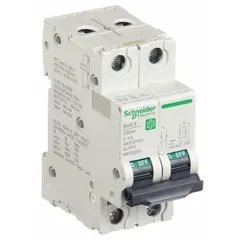 This SCHNEIDER C60SP series supplementary protector is a 2-pole, C-curve device rated at 4 amps. It is UL1077 listed for use in industrial control panels, branch circuits, and equipment requiring overcurrent and short-circuit protection. The unit features screw clamp terminals and is rated for AC voltages up to 440V, with a maximum interrupting rating of 14kA at 240V AC.