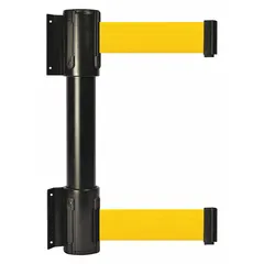 Wall-mount retractable belt barrier with a 7 1/2 ft yellow belt and black frame. Fixed mounting plate design for permanent installation. Used for pedestrian guidance, queue management, and area delineation in corridors, entrances, and event spaces.