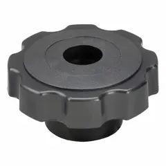 This 8-arm snap-lock knob features a plastic body with a steel threaded insert. The 2.38-inch diameter provides a comfortable grip for manual clamping, positioning, and adjustment on industrial machinery, jigs, and fixtures. Thread size is 5/16"-18.