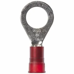 Nylon-insulated ring terminal rated for 1000 V. Accommodates 8 AWG wire and fits 1/2 in stud. Used for secure electrical connections in control panels, power distribution, and equipment wiring.