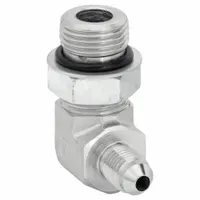 Steel hydraulic hose adapter with 5/8 in x 3/8 in fitting size, male x male, ORB x JIC, rigid 90° elbow. Used to connect ORB and JIC ports in hydraulic systems for fluid power transmission in industrial machinery and mobile equipment