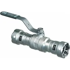 This 1/2 in carbon steel ball valve features a straight, two-piece design with press x press connections for quick installation without threading or welding. The locking lever handle provides secure on/off flow control in industrial piping systems.