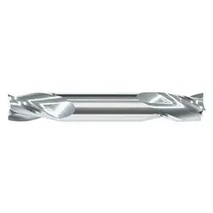 Double-end carbide square end mill with 1/16" mill diameter, 1/8" length of cut, 1-1/2" overall length, and 3 flutes. Designed for precision milling, slotting, and profiling in metalworking applications. Carbide construction provides hardness and heat resistance for machining ferrous and non-ferrous materials.