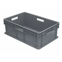 This plastic solid straight-wall container measures 23 3/4 in x 15 3/4 in x 8 1/4 in and is stacking capable. It is used for organizing and storing parts, tools, or bulk items in industrial environments such as warehouses and factories.