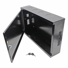 Steel server rack enclosure with black powder-coated finish. Measures 13 3/4 in x 21 1/4 in x 5 in and includes cage nuts for equipment mounting. Designed to house network switches, patch panels, and small servers in data centers or telecom rooms.
