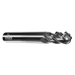 Carbide ball end mill with GMX-35 coating for heat resistance and wear protection. Four-flute design enhances chip evacuation and cutting efficiency. Suitable for contouring, profiling, and slotting operations on stainless steel and super alloys.