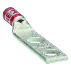 This two-hole compression lug is designed for terminating 8 AWG stranded copper wire. It features a standard copper barrel and an inspection hole to verify full conductor insertion. Suitable for use in electrical connections requiring a secure, low-resistance termination.