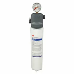 This high-flow filtration system uses activated carbon media to reduce sediment. It is designed for ice machine and refrigerator applications, providing cleaner water for ice production and drinking. The system has a 1.5 gpm flow rate and 17-inch overall height.