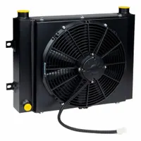 This DC motor driven forced air oil cooler removes 14 hp of heat from hydraulic or lubrication oil systems. It operates on 12V DC, with a maximum flow of 66 gpm and maximum pressure of 300 psi. Connections are 1" NPT. Suitable for mobile equipment, industrial machinery, and off-highway vehicles