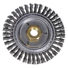 Stringer bead weld-cleaning brush for carbon steel. 4 1/2" diameter, 3/16" width, 5/8"-11 arbor, 0.02" steel fill. Used for removing weld scale, slag, and surface contaminants in fabrication and metalworking.